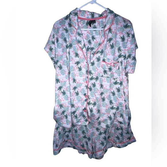 Cynthia Rowley Pineapple Pink Hearts Pajama Set Size 1X Short Sleeve Button Up - Picture 8 of 8